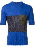 Issey Miyake Men Texture Contrast Panel Wrinkled T-shirt, Size: 1, Blue, Polyester/cotton