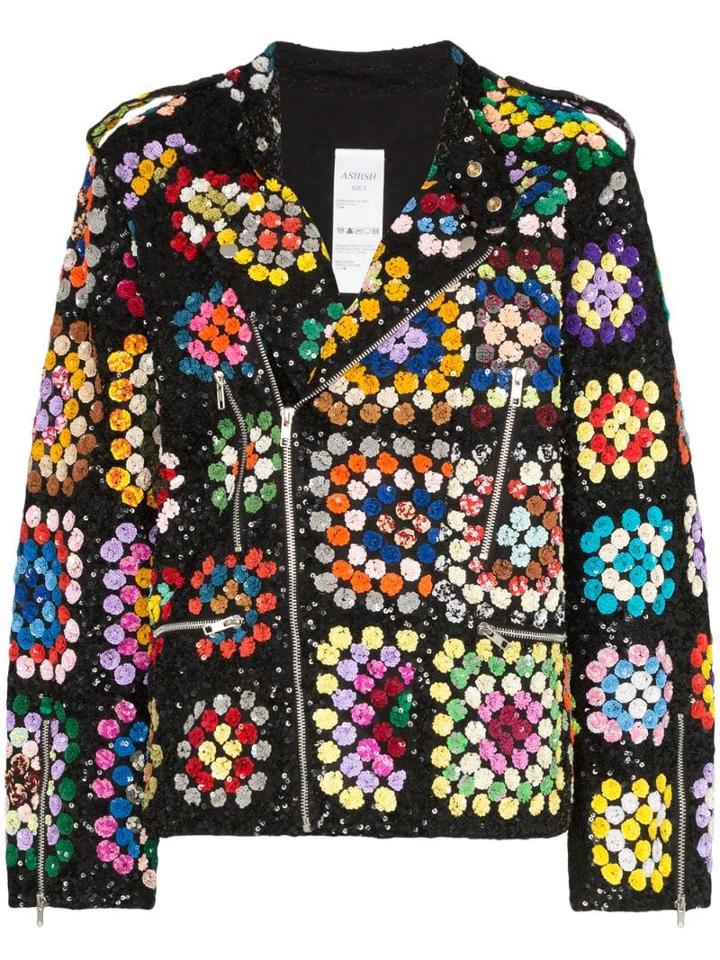 Ashish Sequin-embellished Crochet Biker Jacket - Multicolour