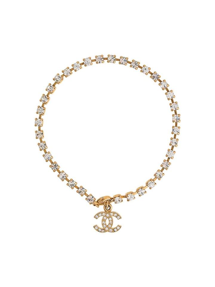Chanel Pre-owned Logos Rhinestone Ankle Bracelet - Gold