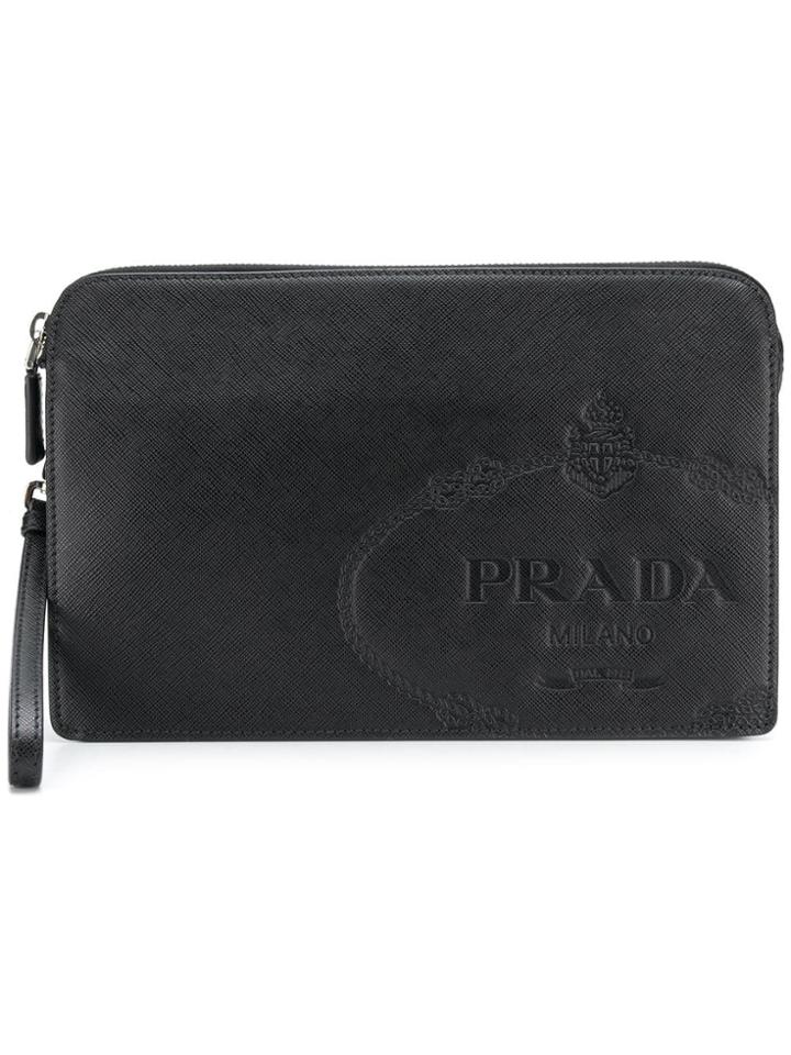 Prada Logo Embossed Clutch - Black
