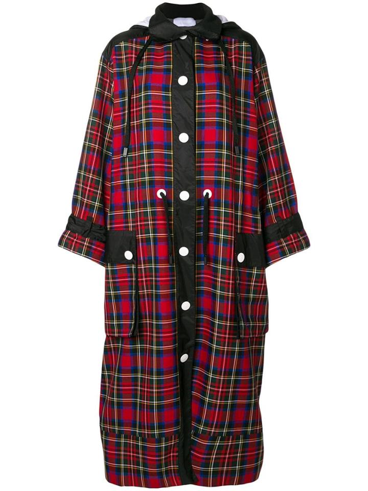 No Ka' Oi Long Hooded Plaid Coat - Red