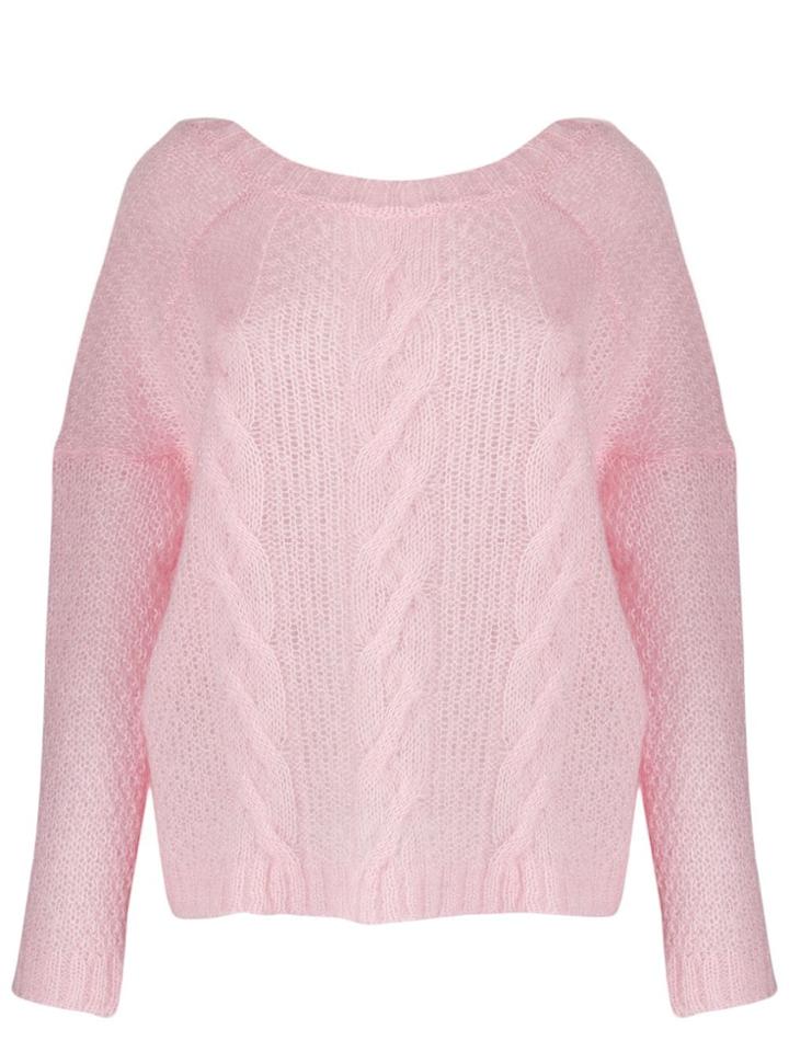 Black Coral Crew-neck Cable Knit Sweater - Pink