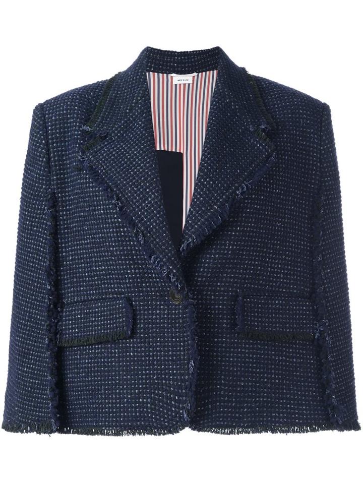 Thom Browne Raw Edge Cape Style Cropped Jacket, Women's, Size: 42, Blue, Silk/nylon/wool