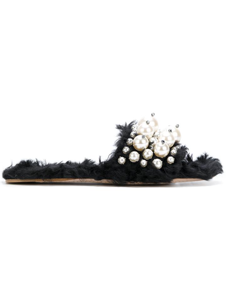 Miu Miu Mohair Blend Pearl Embellished Sandals - Black