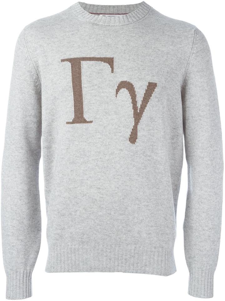 Brunello Cucinelli Mathematical Symbol Intarsia Jumper, Men's, Size: 52, Grey, Silk/cashmere/virgin Wool