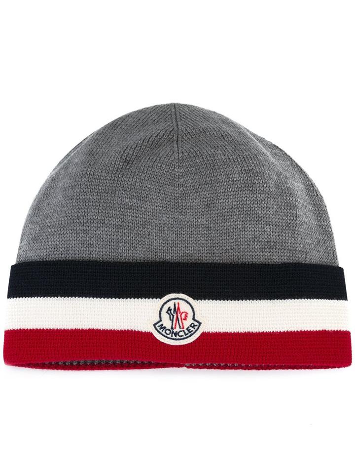 Moncler Striped Trim Knitted Hat, Men's, Grey, Virgin Wool