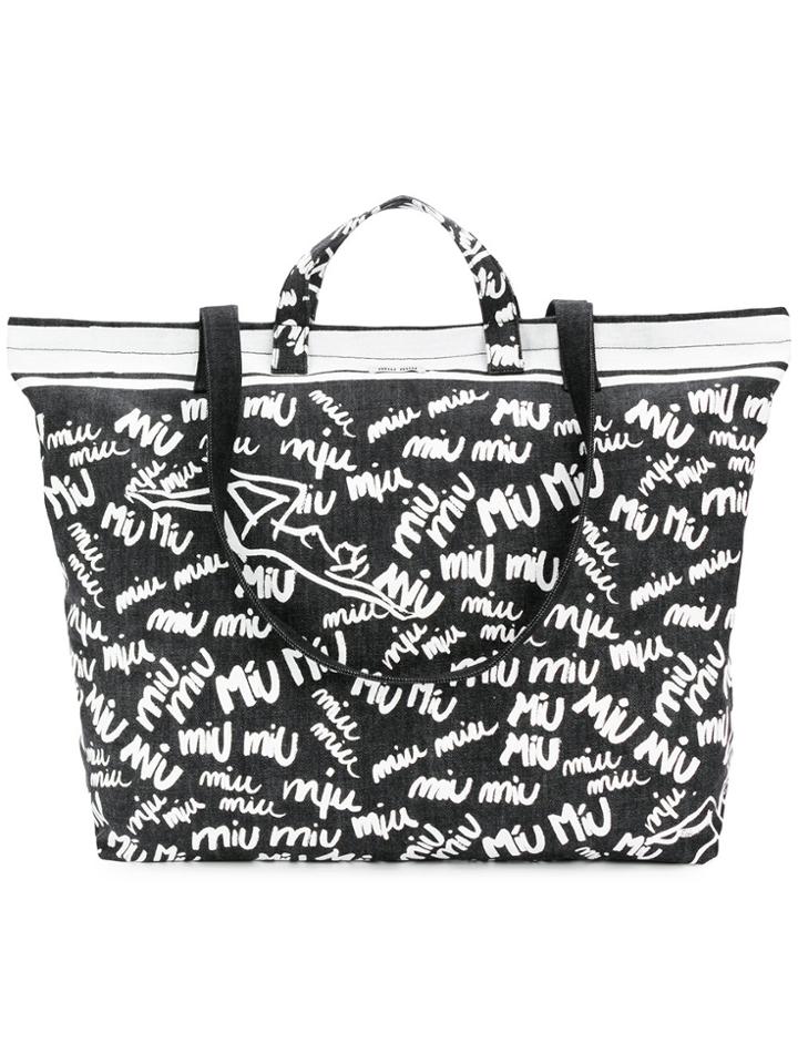 Miu Miu Logo Graffiti Print Tote Bag - Black