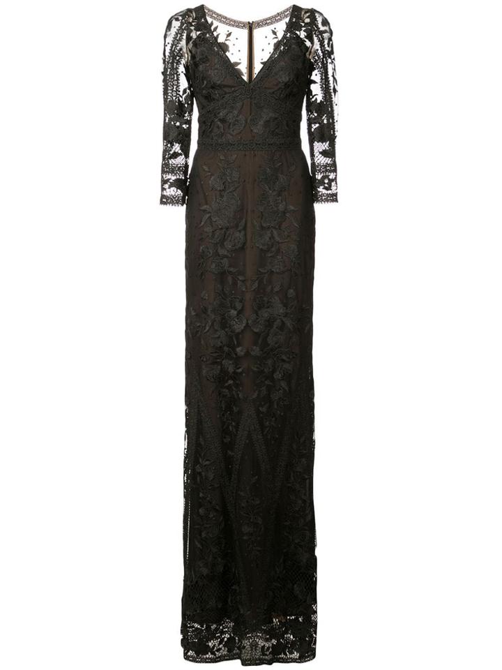 Marchesa Notte Long Floral Lace Gown - Black