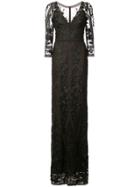Marchesa Notte Long Floral Lace Gown - Black
