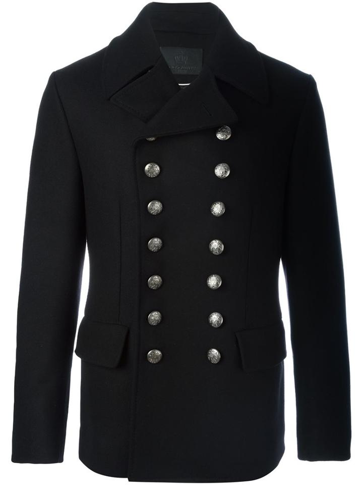 Dolce & Gabbana Military Button Peacoat, Men's, Size: 46, Black, Nylon/spandex/elastane/viscose/wool