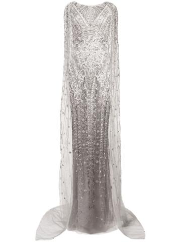 Marchesa Sheer Train Sleeve Gown And Cape - Grey