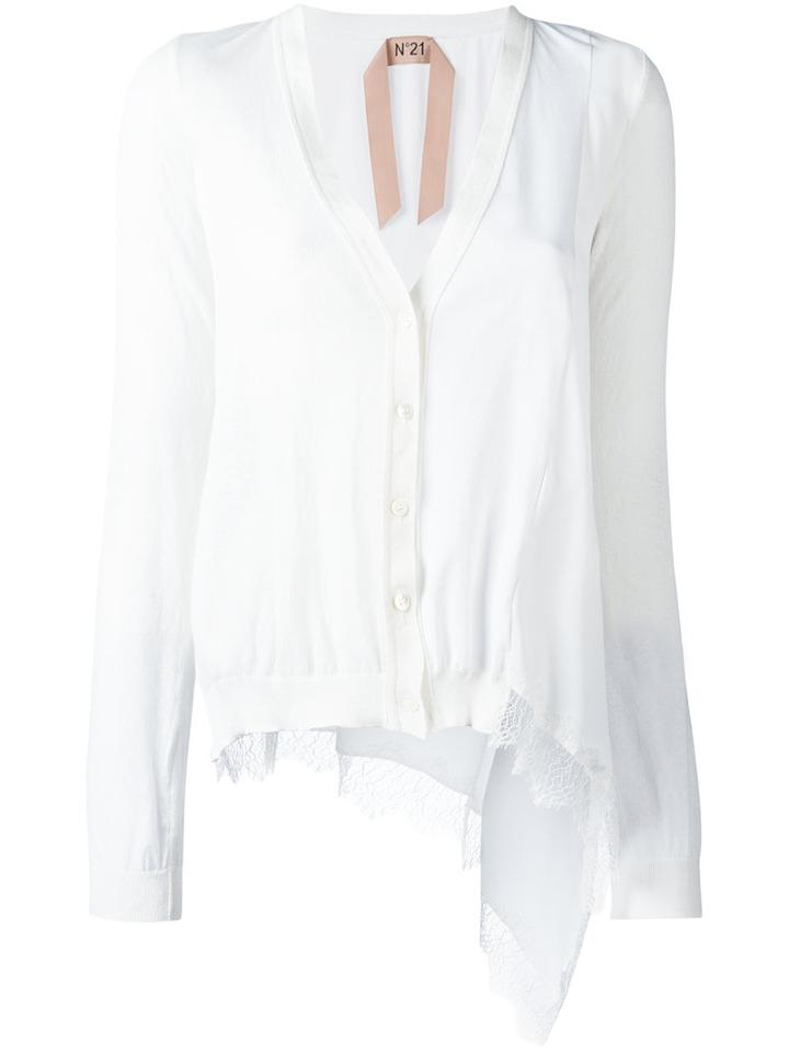 No21 Asymmetric Lace Hem Cardigan, Women's, Size: 40, White, Silk/cotton/polyamide/cotton