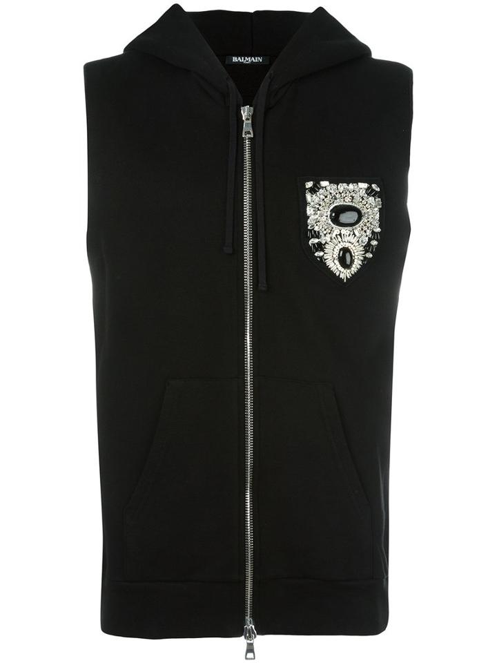 Balmain Sleeveless Chest Patch Hoodie, Men's, Size: Large, Black, Cotton
