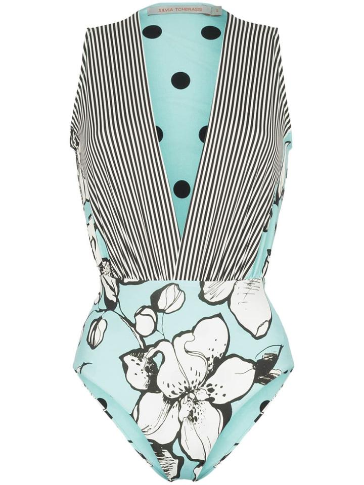 Silvia Tcherassi Alia Floral And Stripe Swimsuit - Blue