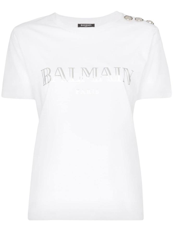 Balmain Logo Print Button Detail Cotton T-shirt - White