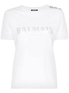 Balmain Logo Print Button Detail Cotton T-shirt - White