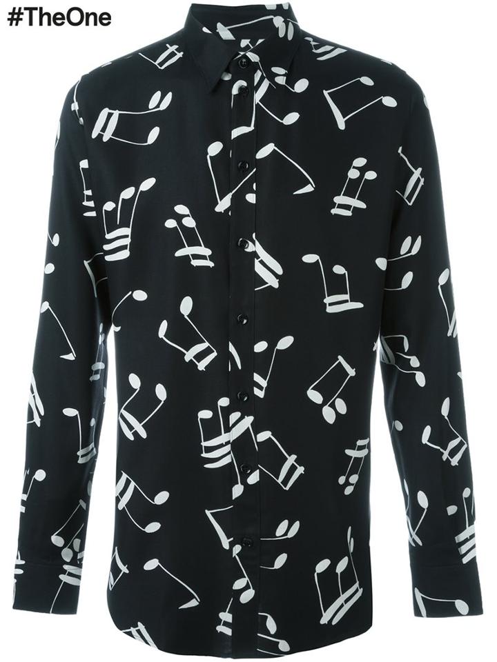 Saint Laurent Music Note Printed Shirt, Men's, Size: 38, Black, Viscose