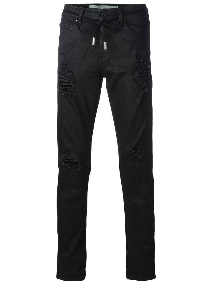 Off-white Ripped Drawstring Skinny Jeans, Men's, Size: 30, Black, Cotton/spandex/elastane/polyester