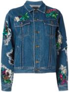 Night Market Foral Patches Denim Jacket, Women's, Size: Small, Blue, Cotton/sequin/pvc/vinyl
