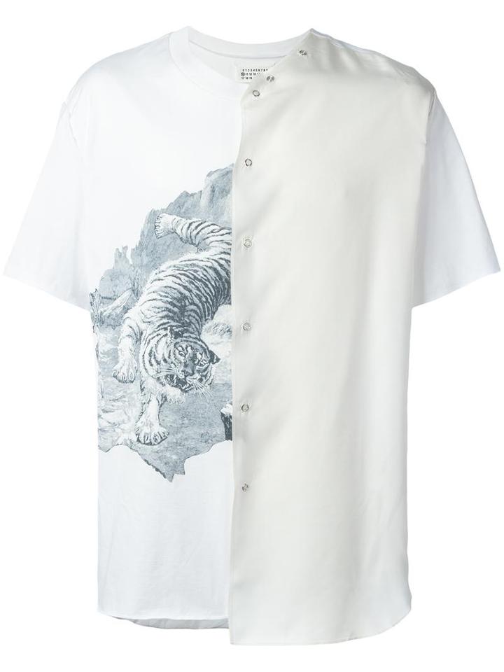 Maison Margiela Tiger Print Contrast Panel T-shirt, Men's, Size: 48, White, Cotton/silk