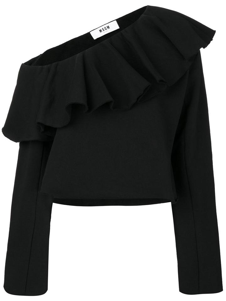 Msgm - Off-shoulder Frilled Sweatblouse - Women - Cotton - S, Black, Cotton