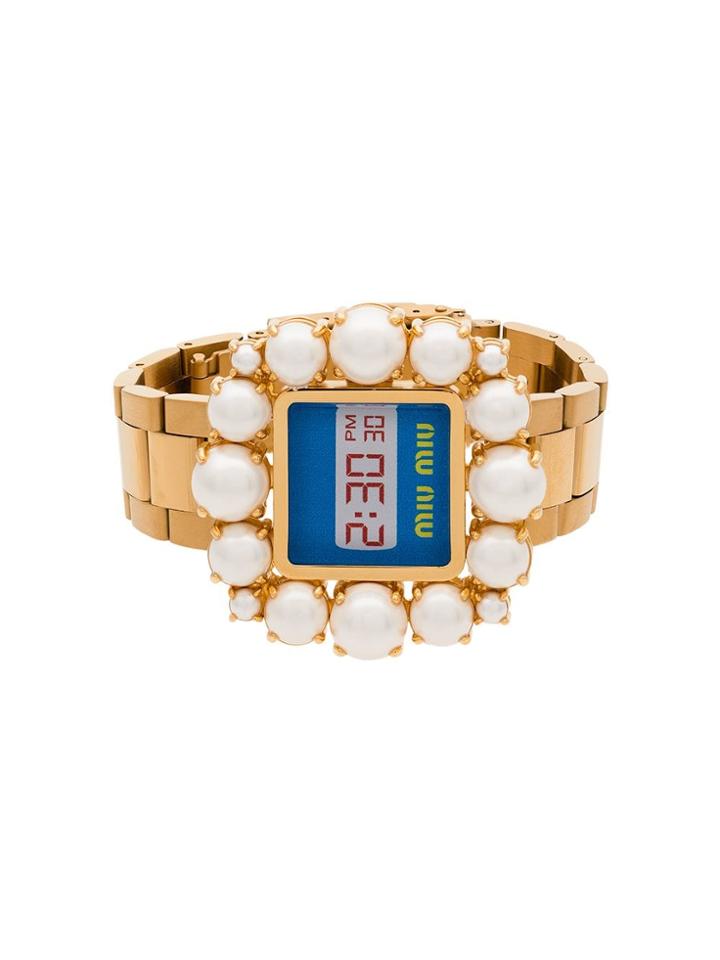 Miu Miu Gold Metallic And Blue Pearl Embellished Digital Watch