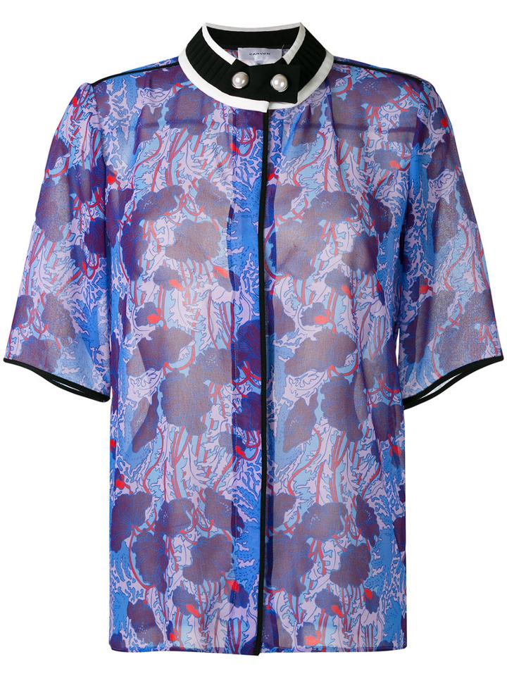 Carven Band Collar Floral Print Shirt, Women's, Size: 36, Pink/purple, Polyester