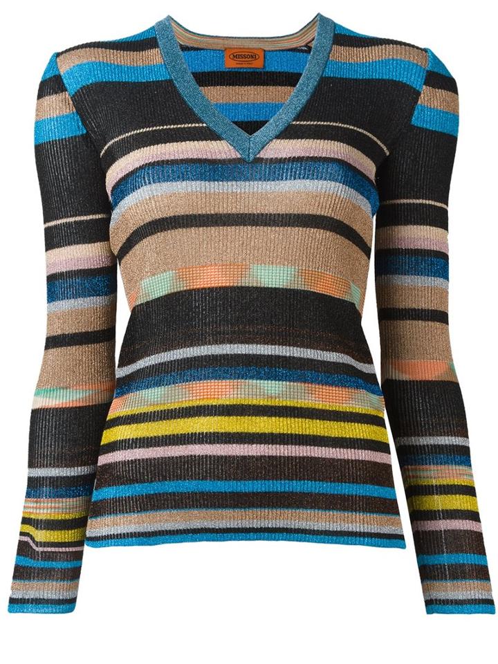 Missoni V-neck Striped Pullover, Women's, Size: 38, Polyester/cupro/viscose