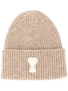 Ami Paris Ribbed Beanie Ami De Coeur Patch - Neutrals