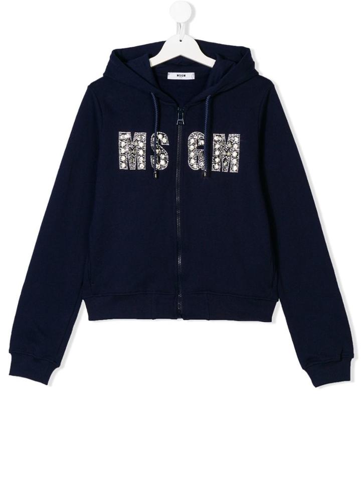 Msgm Kids Teen Embellished Logo Zip-up Hoodie - Blue