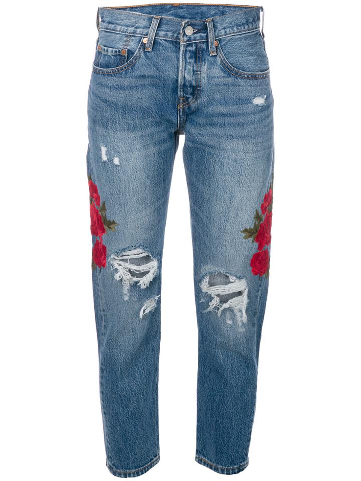 Levi's Embroidered Distressed Cropped Jeans - Blue