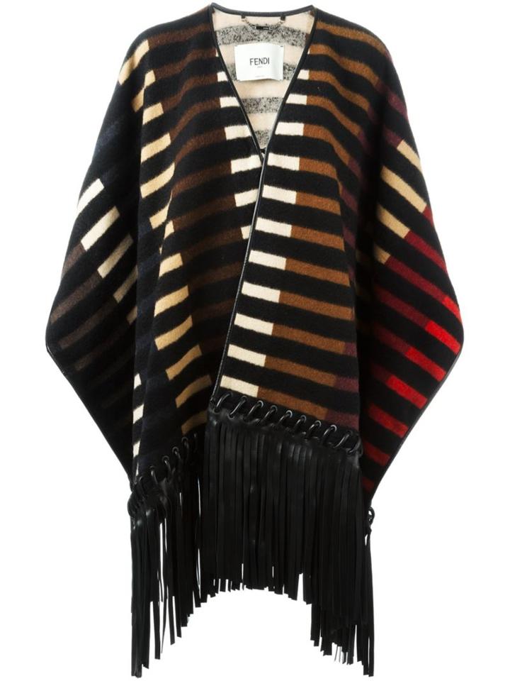 Fendi Striped Fringed Poncho, Women's, Size: 42, Brown, Lamb Skin/polyamide/camel Hair