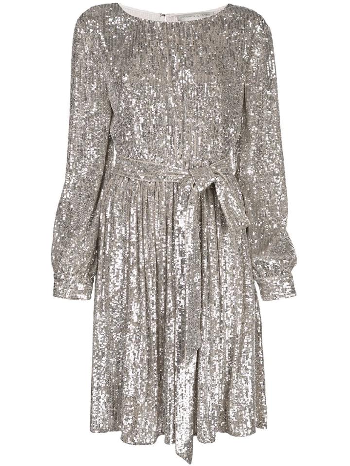 Sachin & Babi Tie Waist Glitter Dress - Silver