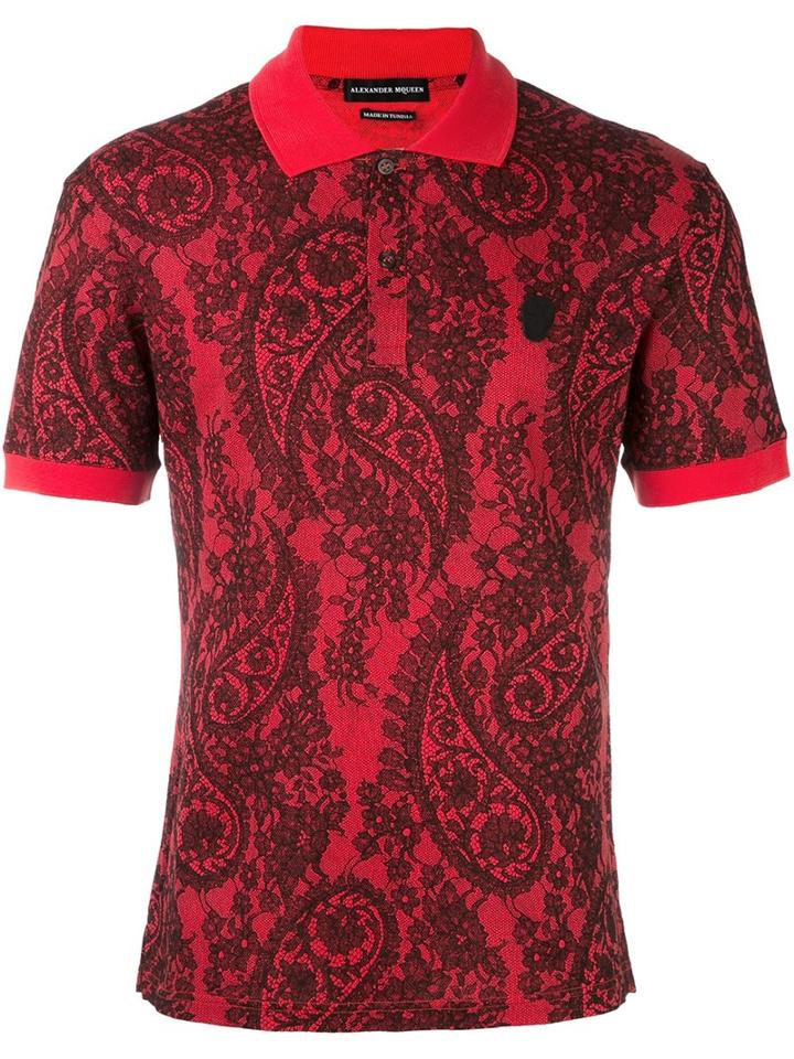 Alexander Mcqueen Lace Paisley Print Polo Shirt, Men's, Size: Xs, Red, Cotton