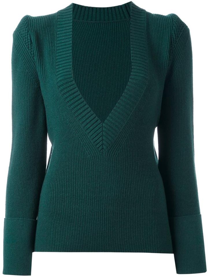 Sacai V-neck Jumper, Women's, Size: 2, Green, Wool