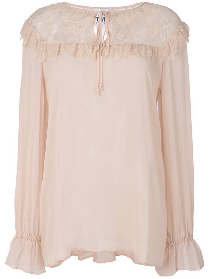 Twin-set Lace Panel Semi-sheer Blouse - Pink & Purple