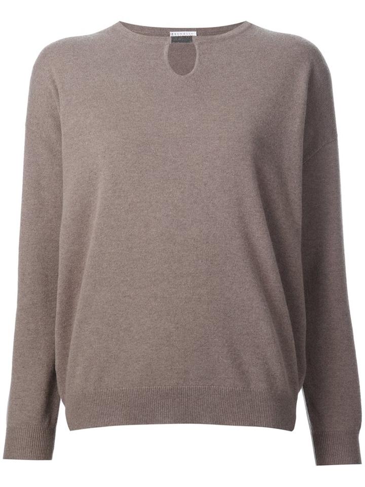 Brunello Cucinelli Neck Detail Three-quarters Blouse, Women's, Size: Large, Brown, Cashmere/virgin Wool
