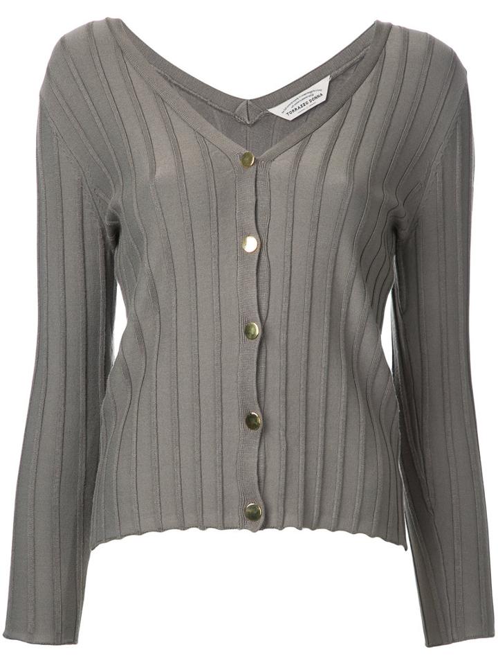 Torrazzo Donna - Ribbed V-neck Cardigan - Women - Rayon - One Size, Brown, Rayon
