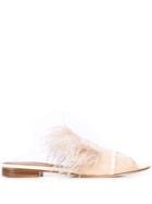 Malone Souliers Feather Trim Slides - Neutrals