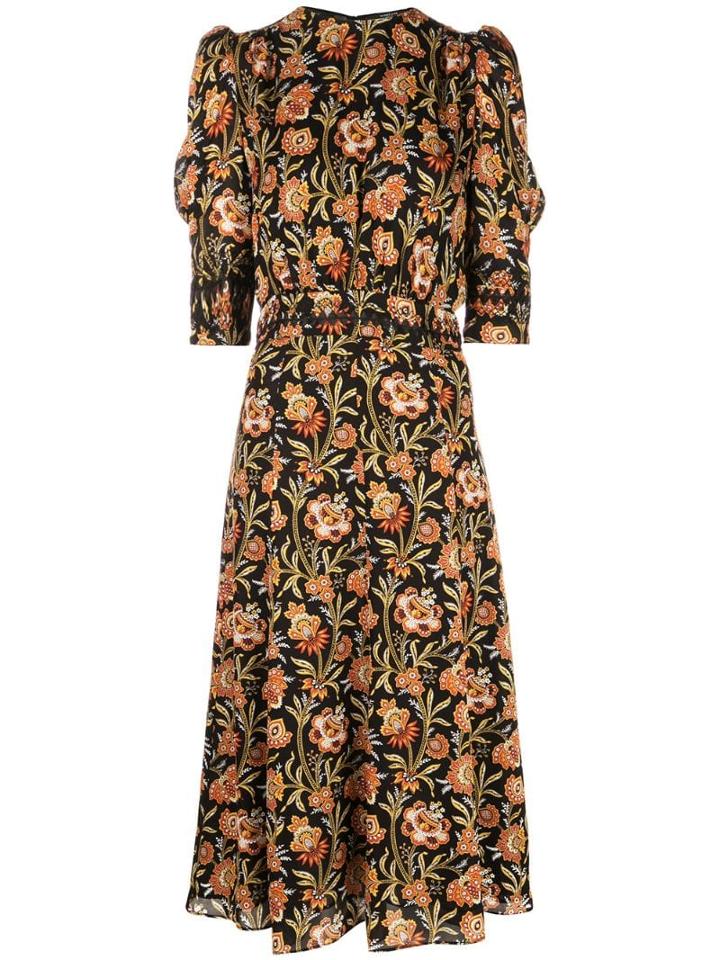 Derek Lam Floral Print Puff Sleeve Midi Dress - Black
