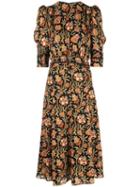 Derek Lam Floral Print Puff Sleeve Midi Dress - Black