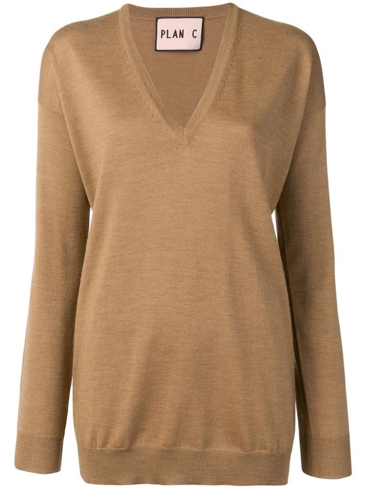 Plan C V-neck Longline Sweater - Brown