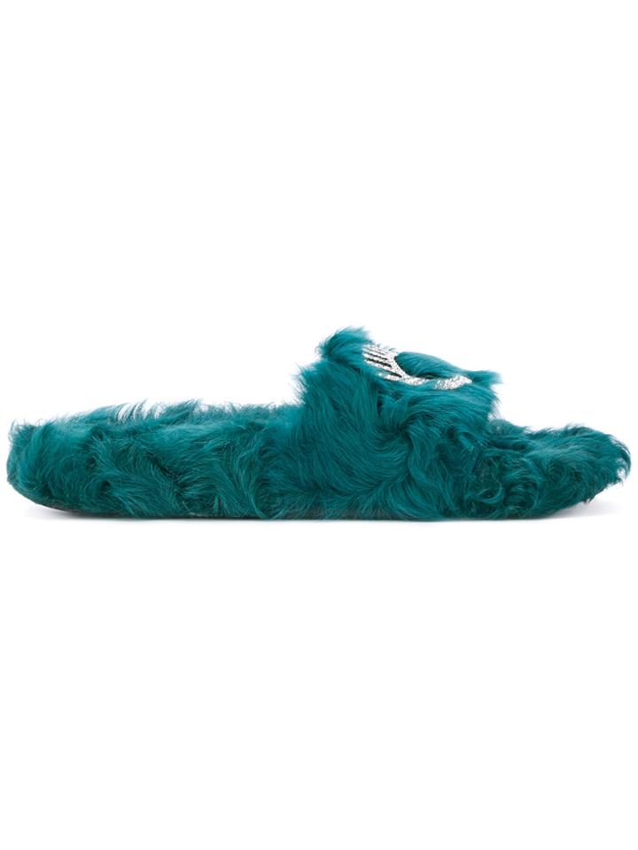 Chiara Ferragni Logomania Swarovski Embellished Fur Slides - Green