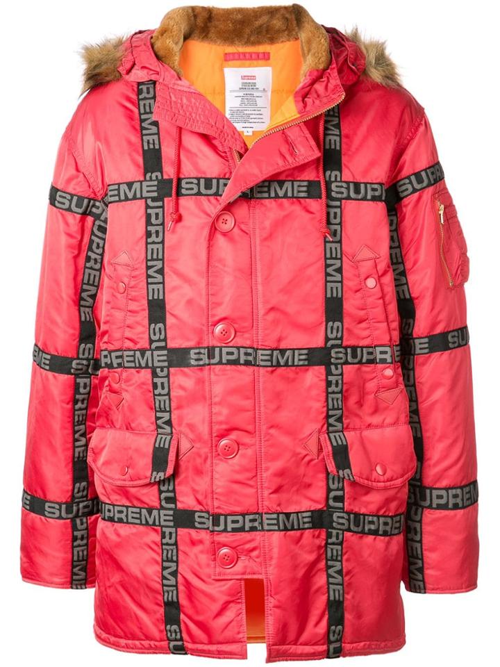 Supreme Logo Tape Parka Coat - Red