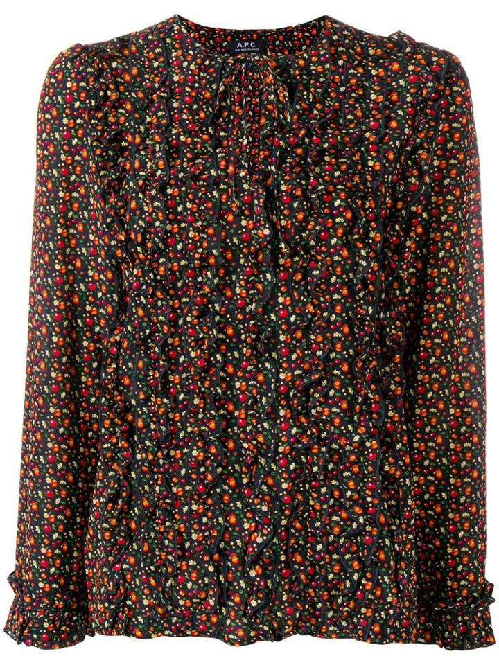 A.p.c. Fruit Print Ruffle Trim Blouse - Black