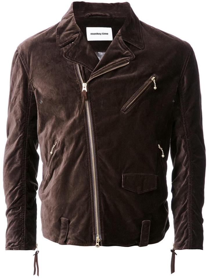 Monkey Time Slim-fit Biker Jacket, Men's, Size: Large, Brown, Polyester/cotton/polyurethane