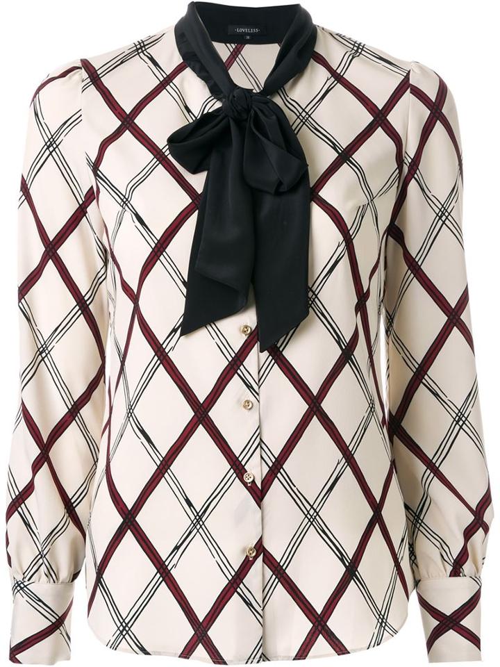 Loveless Grid Pattern Print Bow Tie Neck Button Down Shirt