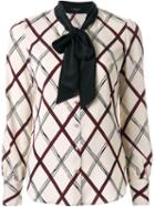 Loveless Grid Pattern Print Bow Tie Neck Button Down Shirt