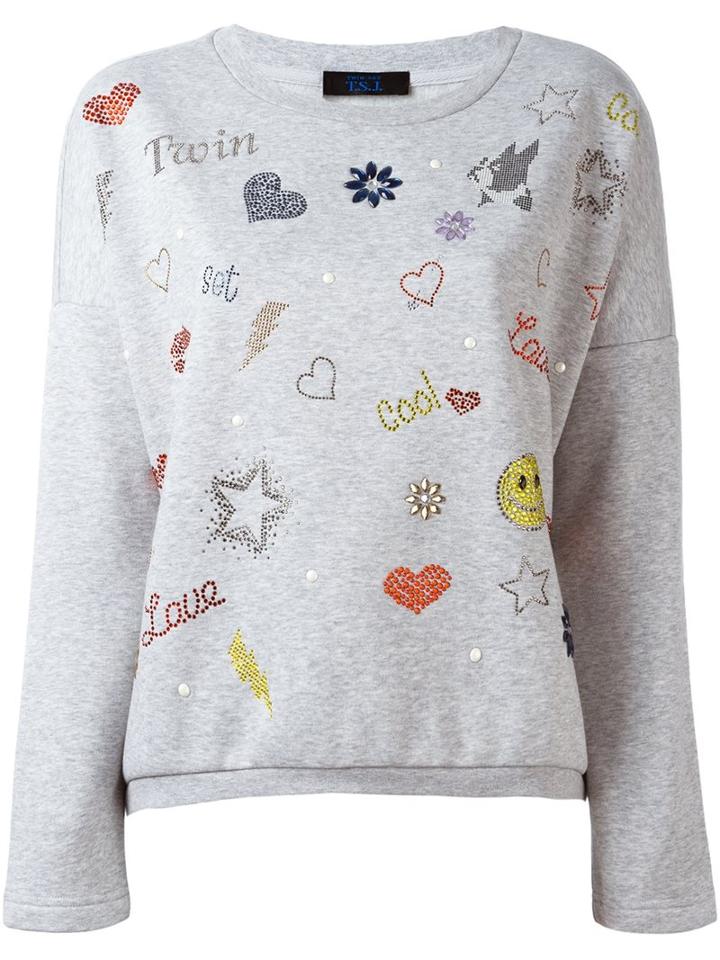 Twin-set Embroidered Sweatshirt, Women's, Size: Small, Grey, Cotton/polyester
