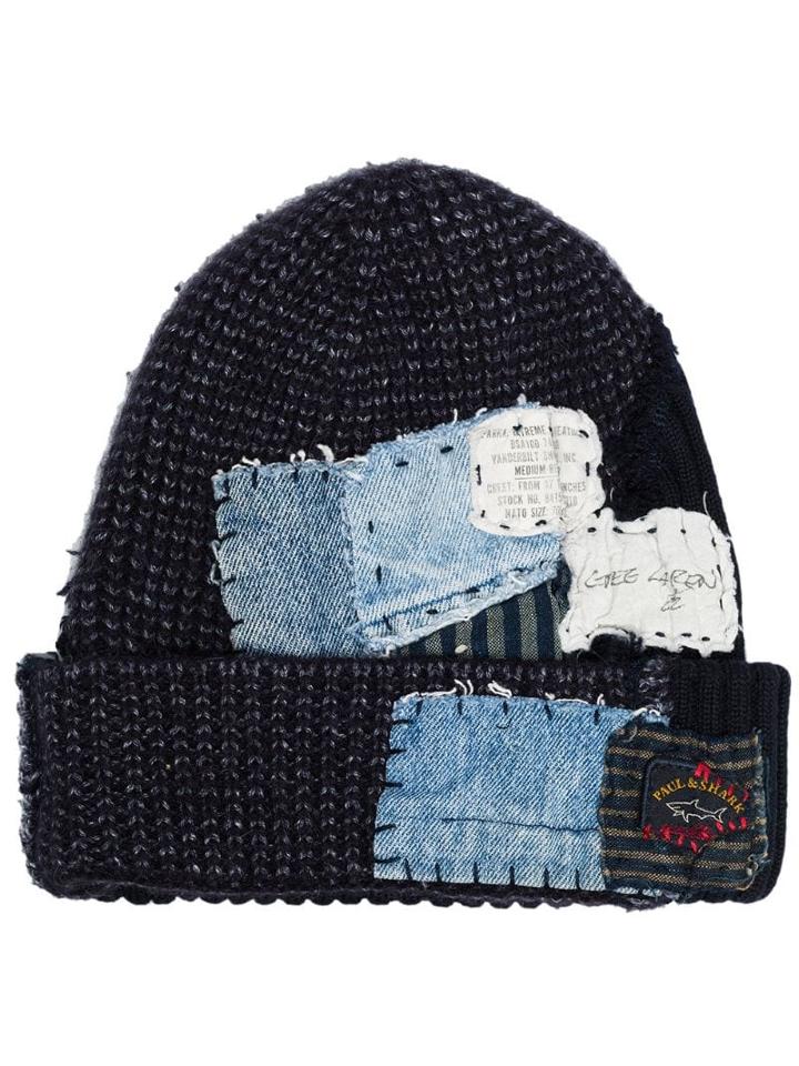 Greg Lauren Denim Patch Knit Beanie - Blue